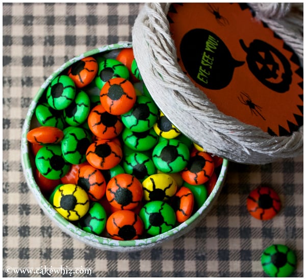 Easy Homemade Candy Eyes or Eyeballs in Small Container on Checkered Background