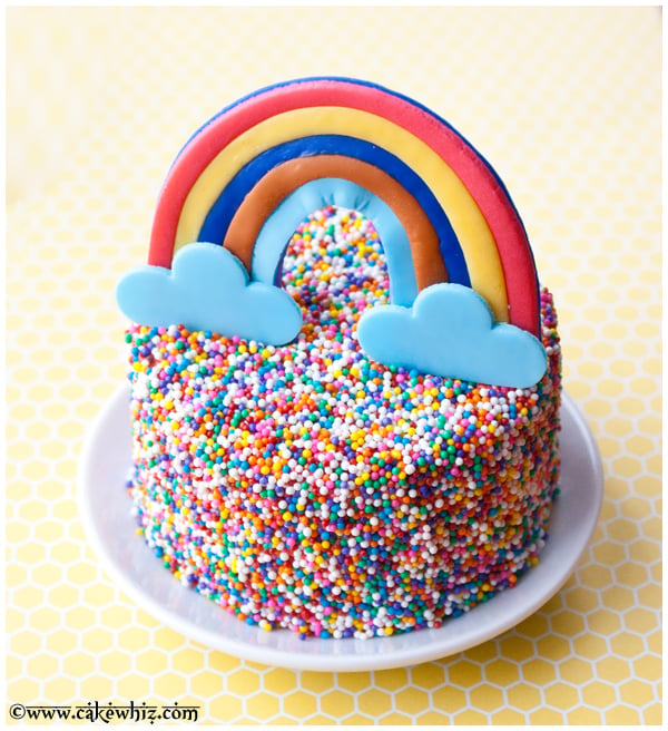 Easy Rainbow Sprinkle Cake on White Plate with Yellow Background