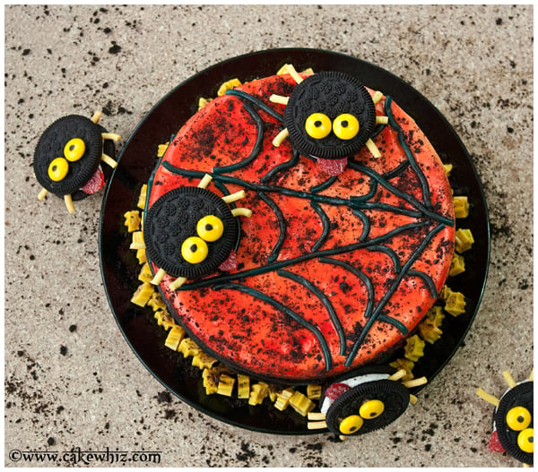 Overhead Shot of Homemade Halloween Spider Web Cake on Black Dish