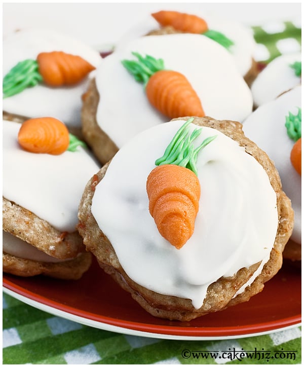 Easy Carrot Cake Cookies With Cream Cheese Frosting in Red Plate
