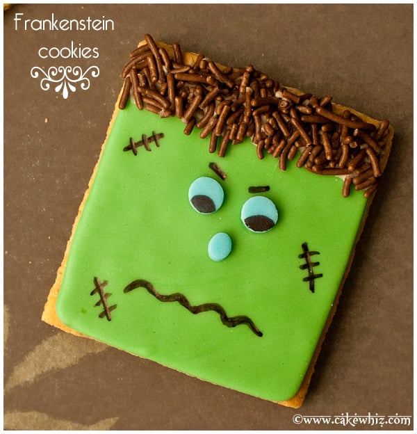 Easy Frankenstein Cookies For Halloween on Brown Background