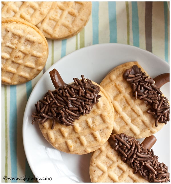 Easy Acorn Cookies on White Dish- Overhead Shot