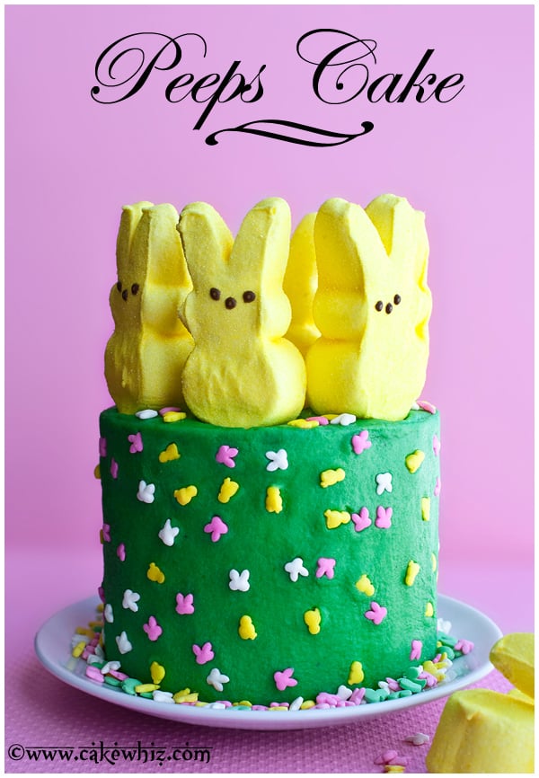 Easy Easter Peeps Cake on White Plate With Pink Background