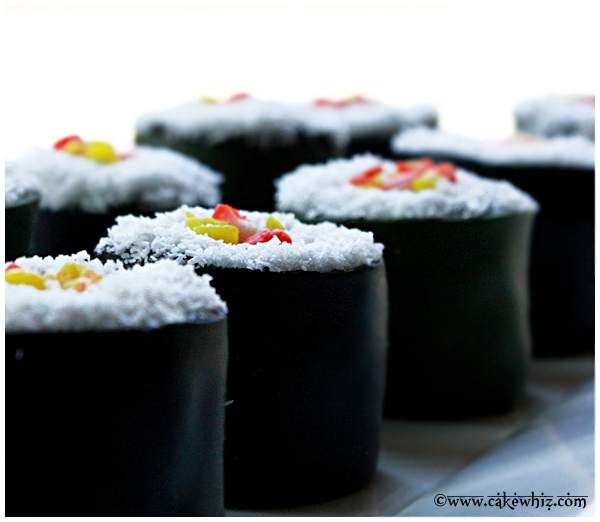 Closeup Shot of Sushi Birthday Cake on White Tray 