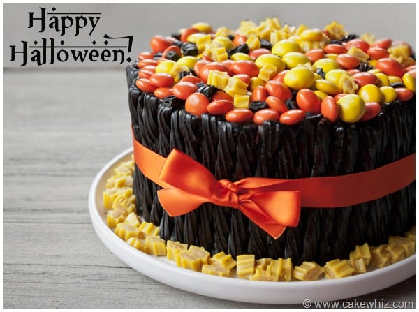 Easy Halloween Cake on White Dish With Rustic Gray Background