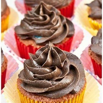 Chocolate Buttercream Icing or Frosting Piped on Top of Cupcakes.