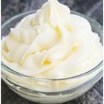 Easy White Cooked Flour Buttercream or Ermine Frosting in Glass Bowl.