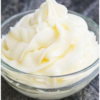 Easy White Cooked Flour Buttercream or Ermine Frosting in Glass Bowl.