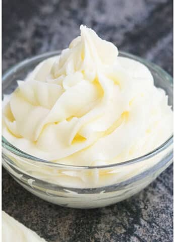 Easy White Cooked Flour Buttercream or Ermine Frosting in Glass Bowl.