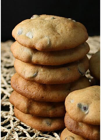 Stack of Easy Soft Banana Chocolate Chip Cookies With Black Background.