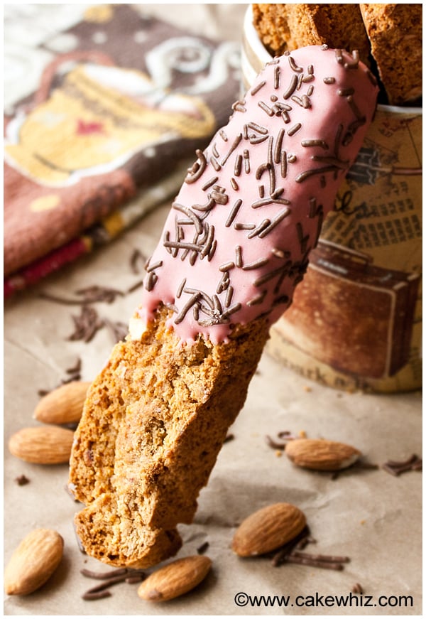 Almond Biscotti Dipped in Chocolate, Resting on a Mug