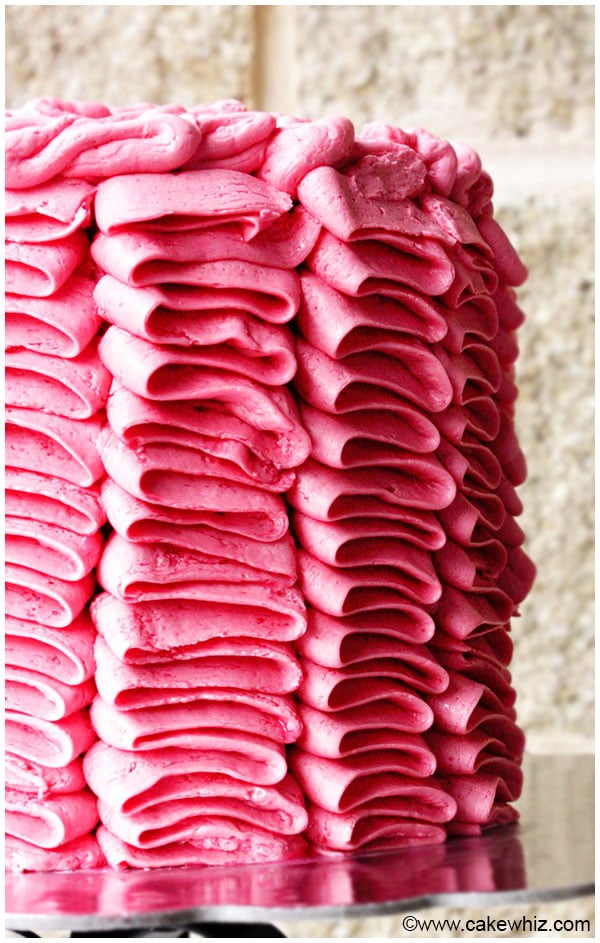 Closeup Shot of Pink Buttercream Ruffle Cake With Brick Background
