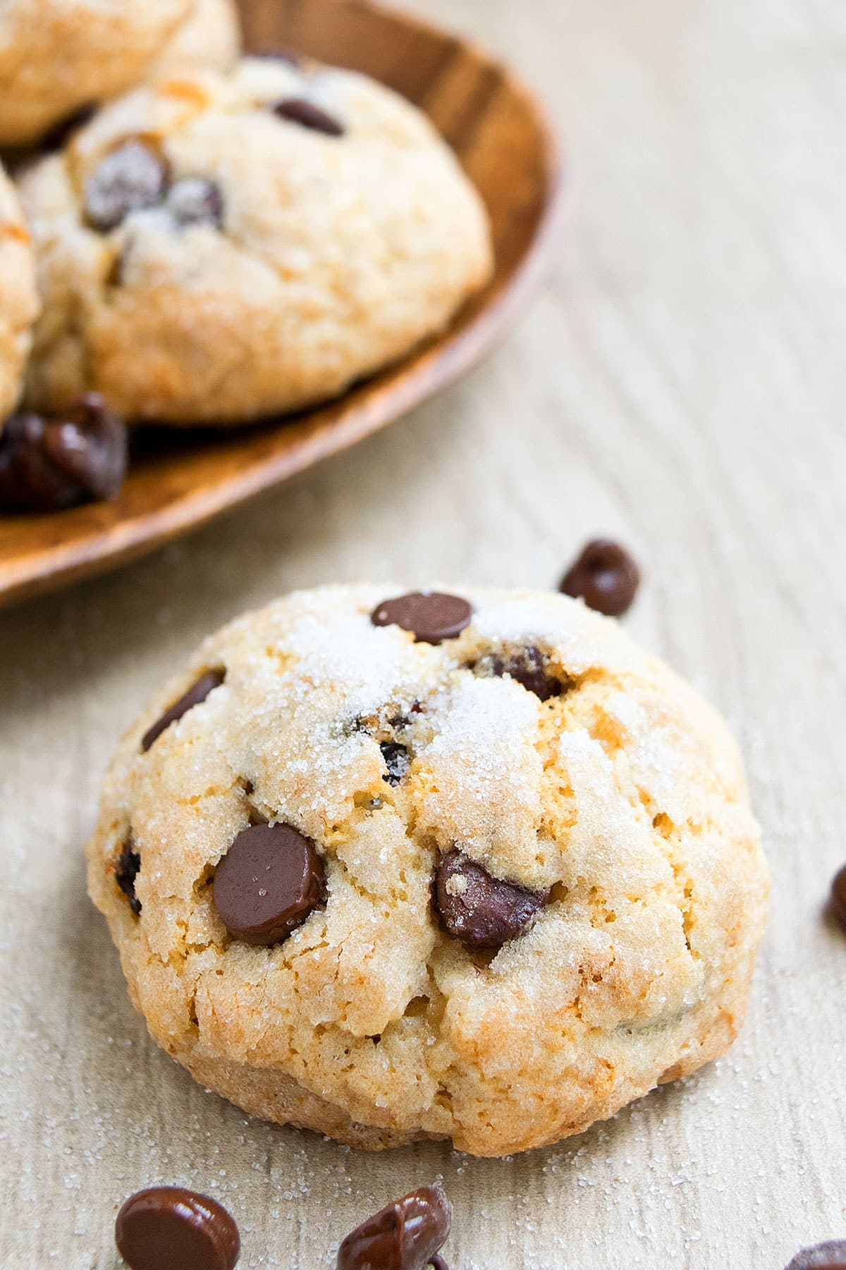 Closeup Shot of Chocolate Chip Ricotta Cheese Cookies on Wood Background. 