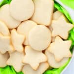 Easy Small Batch of Easy Cut Out Sugar Cookies in White Bowl With Green Liner.
