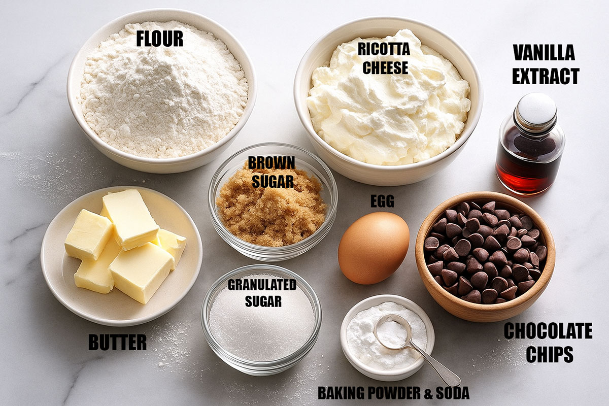 Ingredients for cookies in separate bowls on white marble background. 