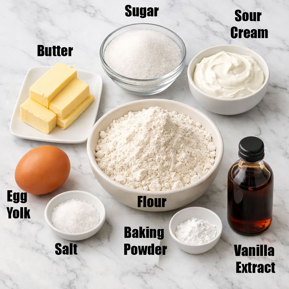 Ingredients for recipe on white marble background. 