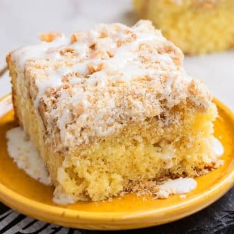 Easy Apple Cake With Cake Mix on Yellow Dish.