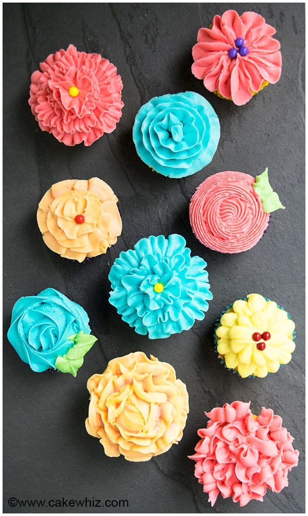 How to Frost Cupcakes (Flowers) With Buttercream Icing on Rustic Gray Background- Overhead Shot