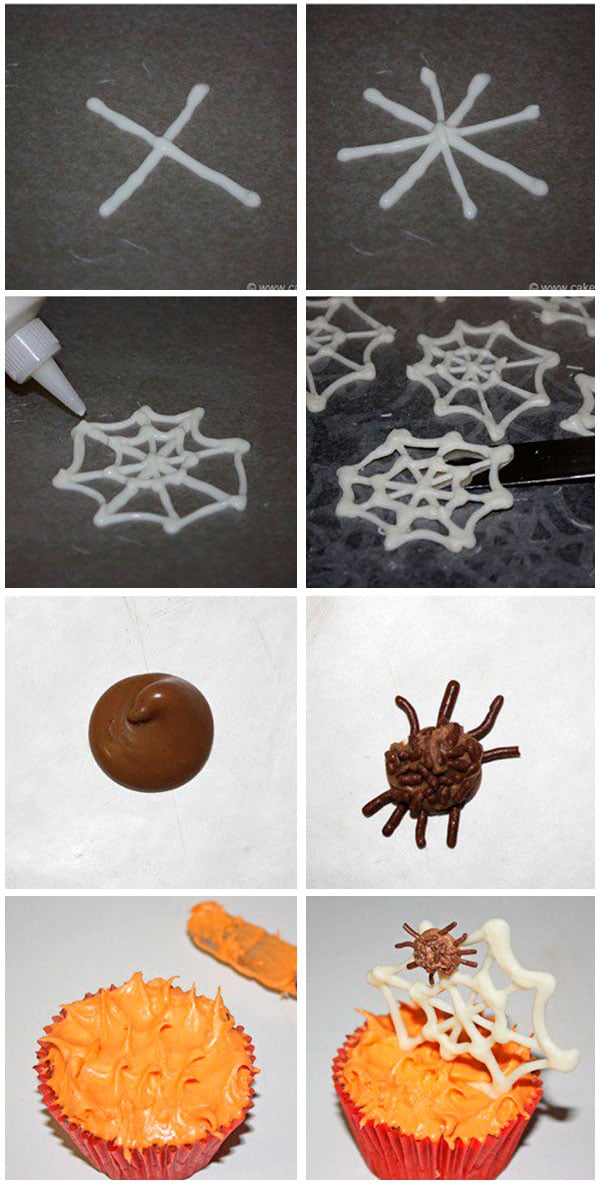 Collage Image With Step By Step Pictures On How to Make Spider Web Cupcakes