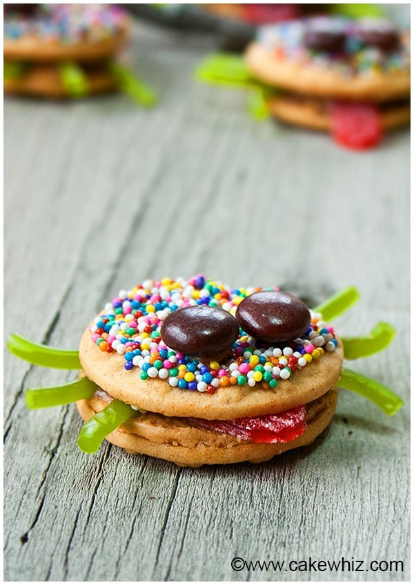 Closeup Shot of No Bake Halloween Sandwich Cookies on Rustic Background