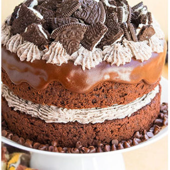 Easy Chocolate Oreo Layer Cake With Ganache Plus Cookies and Cream Frosting on White Cake Stand.