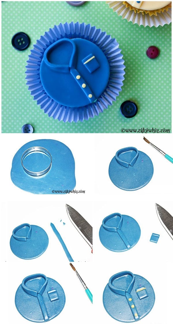 Collage Image with Step by Step Pictures on How to Make Fondant Shirt Cupcake Toppers