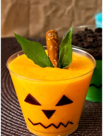 Easy Halloween Pudding Cups For Kids on Brown Background