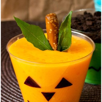 Easy Halloween Pudding Cups For Kids on Brown Background