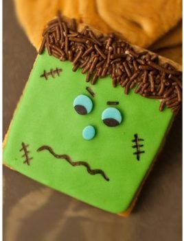Easy Halloween Cookies (Frankenstein and Vampire) on Brown Background