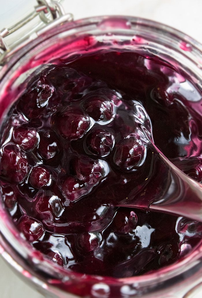 Spoonful of Blueberry Pie Filling- Overhead Shot. 
