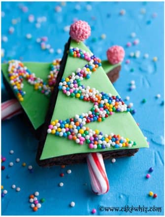 Easy Christmas Tree Brownies on Blue Background