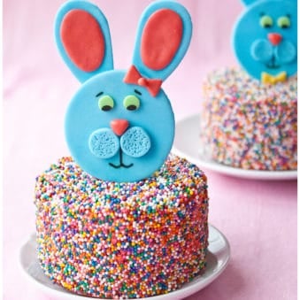 Easy Easter Fondant Bunny Cake Topper on Sprinkle Cake Placed on White Plate.