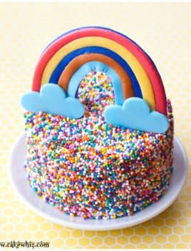 Easy Rainbow Sprinkle Cake on White Plate with Yellow Background