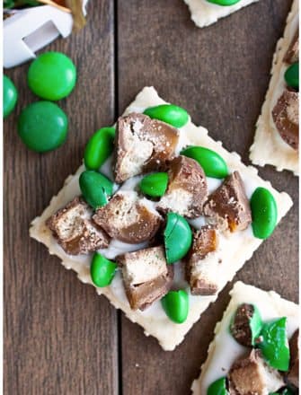 Easy Homemade Chocolate Crackers For St.Patrick's Day on Brown Wood Background- Overhead Shot