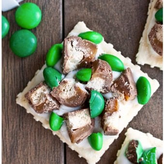 Easy Homemade Chocolate Crackers For St.Patrick's Day on Brown Wood Background- Overhead Shot