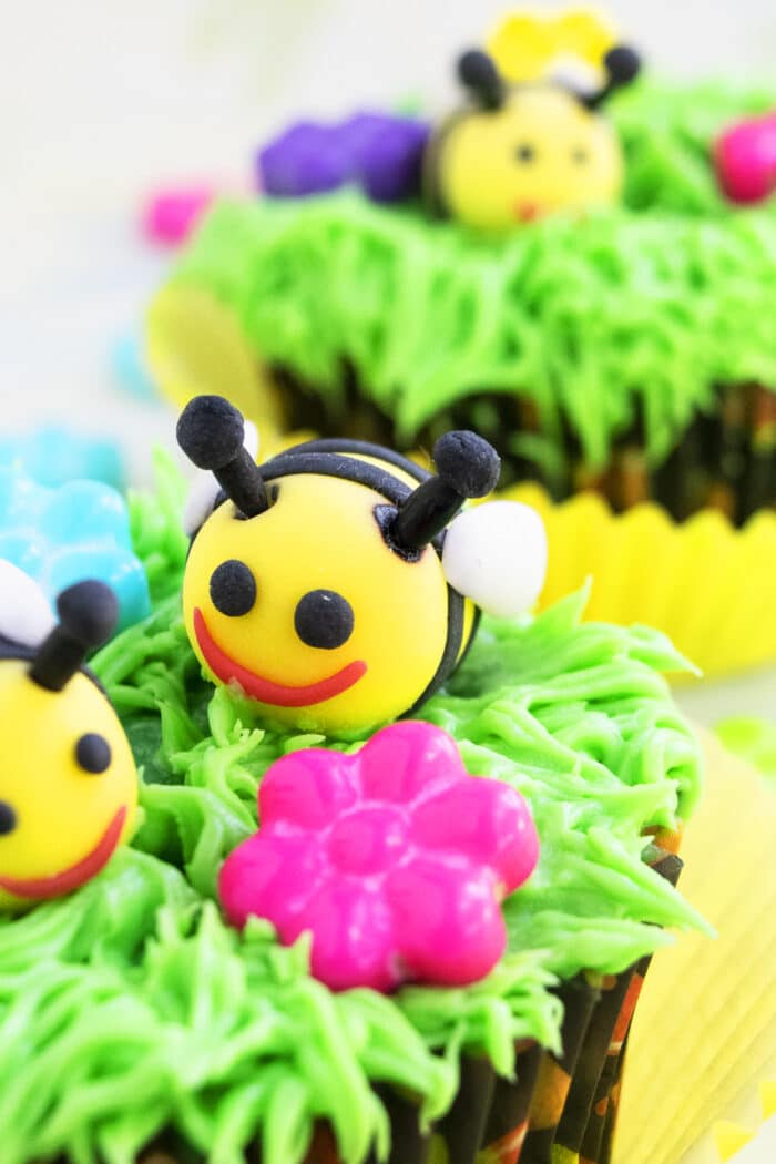 Closeup Shot of Fondant Bee on Top of Green Frosting Grass