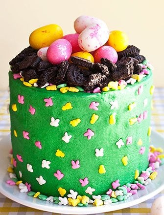 Easy Easter Egg Cake or Easter Nest Cake on White Plate With Yellow Background.