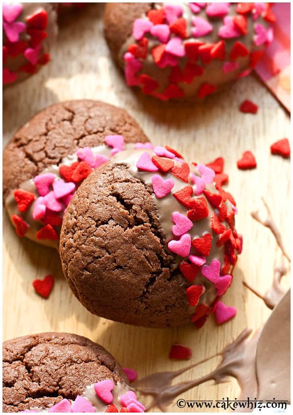 Cake Box Cookies Dipped Halfway in Chocolate and Covered in Sprinkles