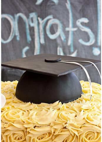 Easy Graduation Cake With Black Graduation Cap With a Chalkboard Background.