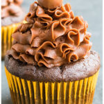Easy Vegan Chocolate Cupcakes in Yellow Liner.