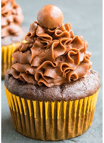 Easy Vegan Chocolate Cupcakes in Yellow Liner.