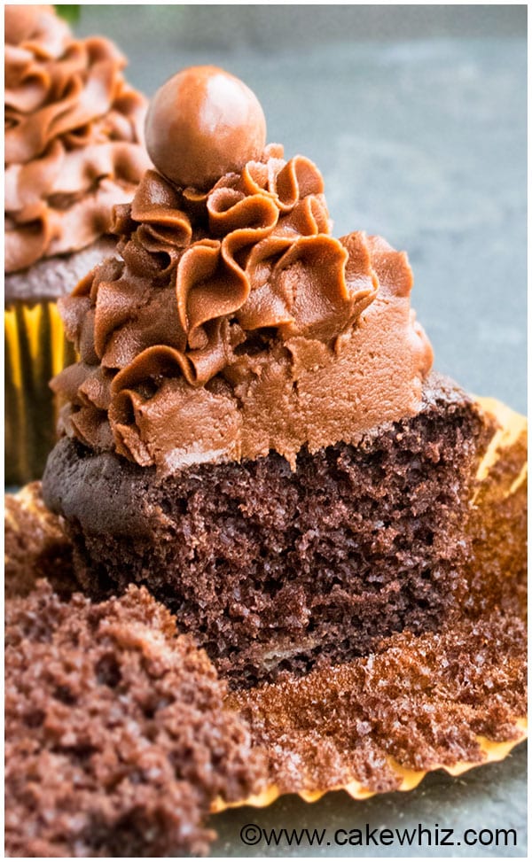 Easy Dairy Free Chocolate Cupcakes- Partially Sliced in the Center