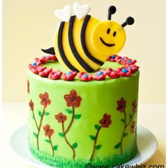 Bumblebee Cake (Spring Cake) on White Dish and Yellow Background.