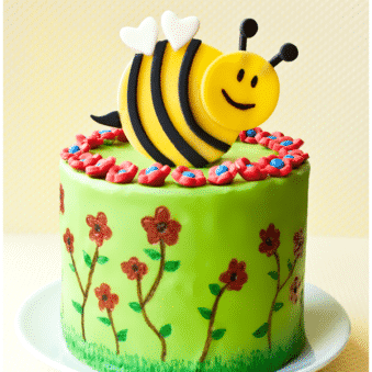 Easy Bumblebee Cake (Spring Cake) on White Plate With Yellow Background.