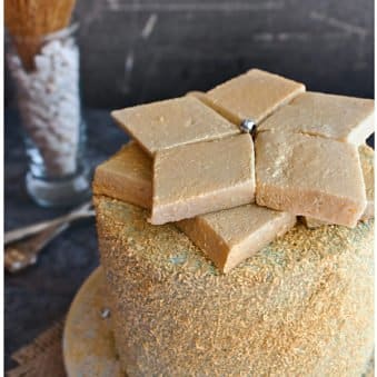 Easy Gold Cake (Metallic Golden Cake) on White Plate With Rustic Background