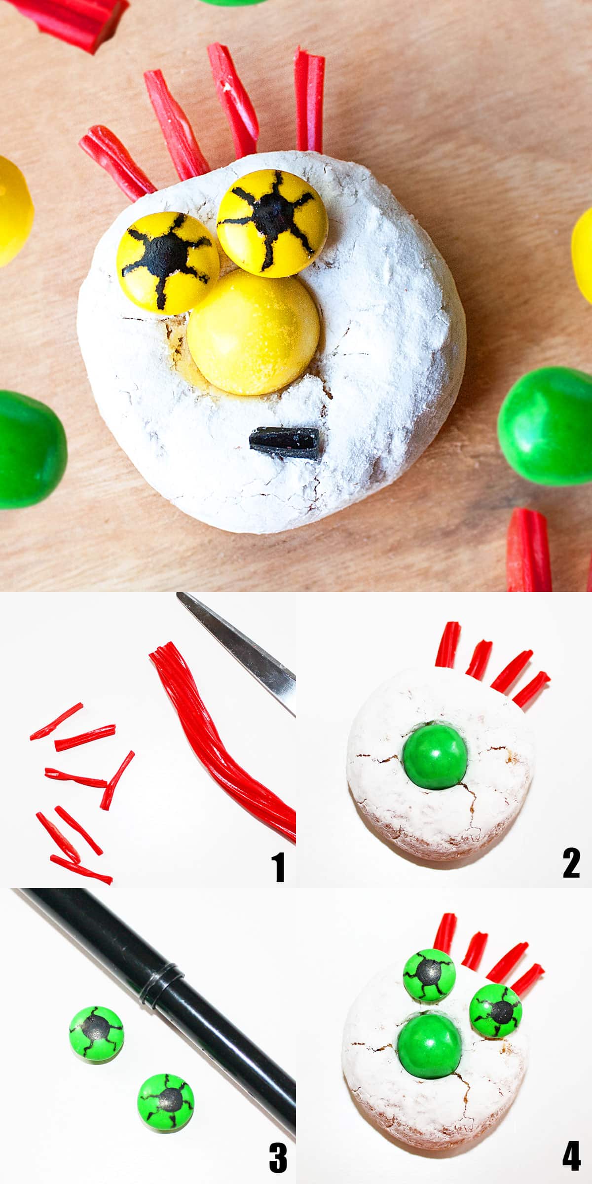 Collage image with step by step process shots on how to make zombie donuts. 