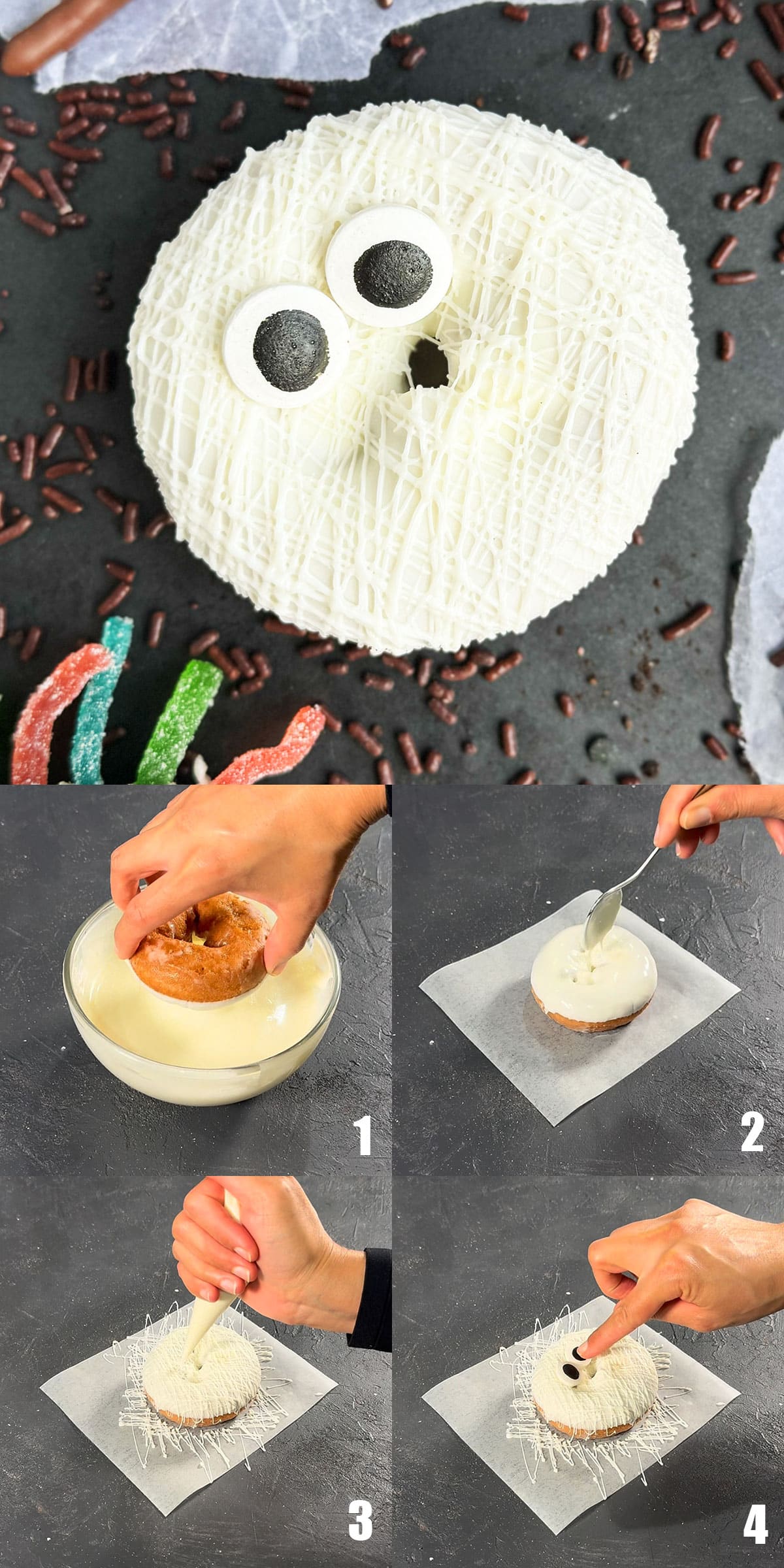 Collage image with step by step process shots on how to make mummy donuts. 