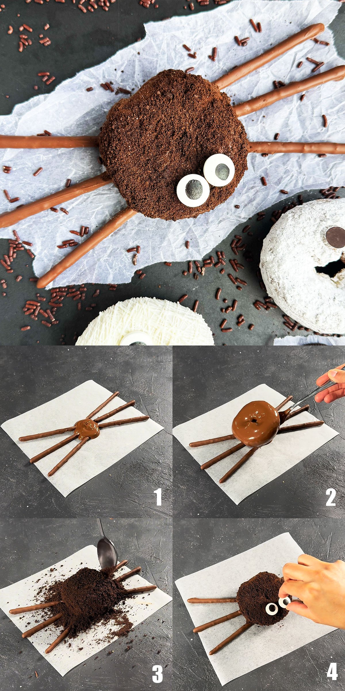Collage image with step by step process shots on how to make spider donuts. 