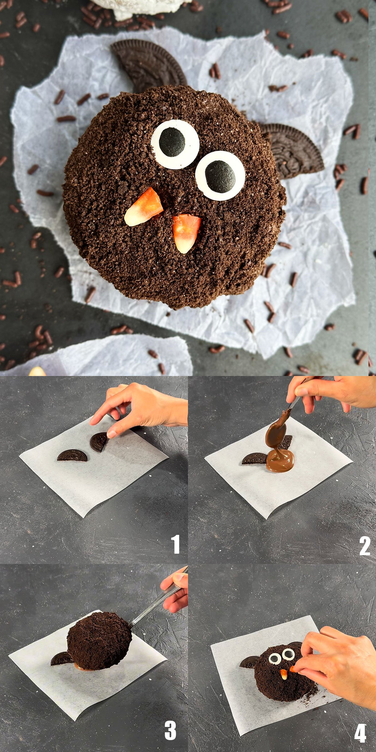 Collage image with step by step process shots on how to make bat donuts. 