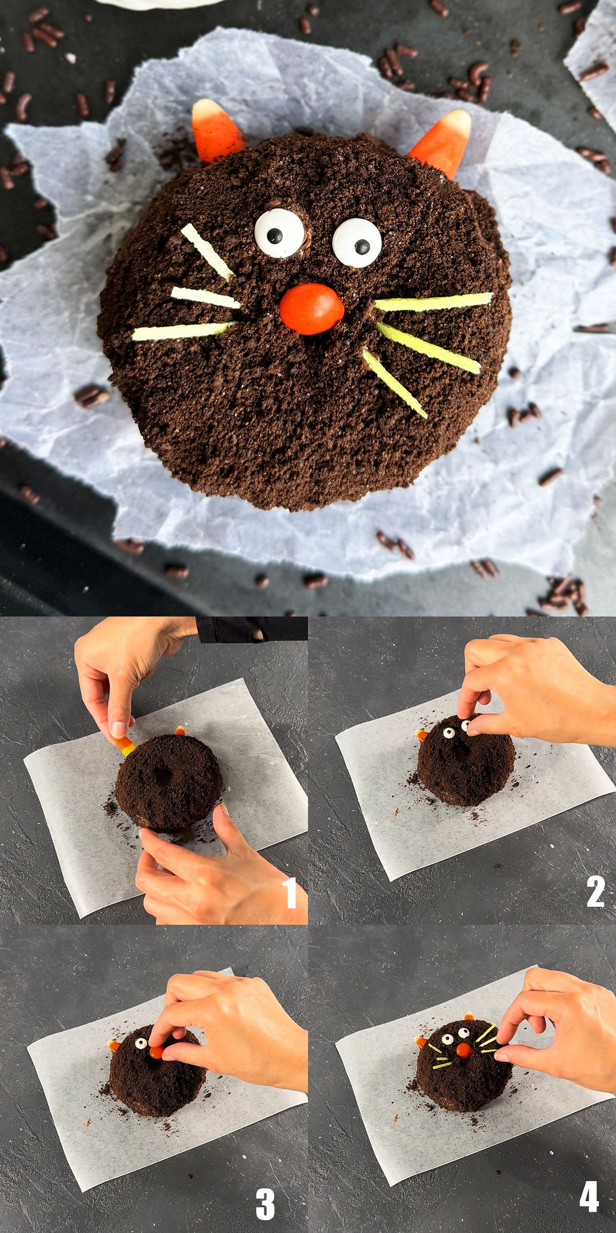 Collage image with step by step process shots on how to make cat donuts. 